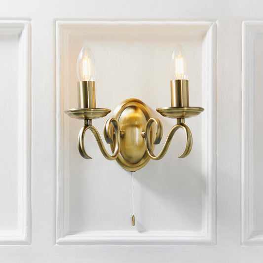 Bernice Twin Wall Light, Antique Brass